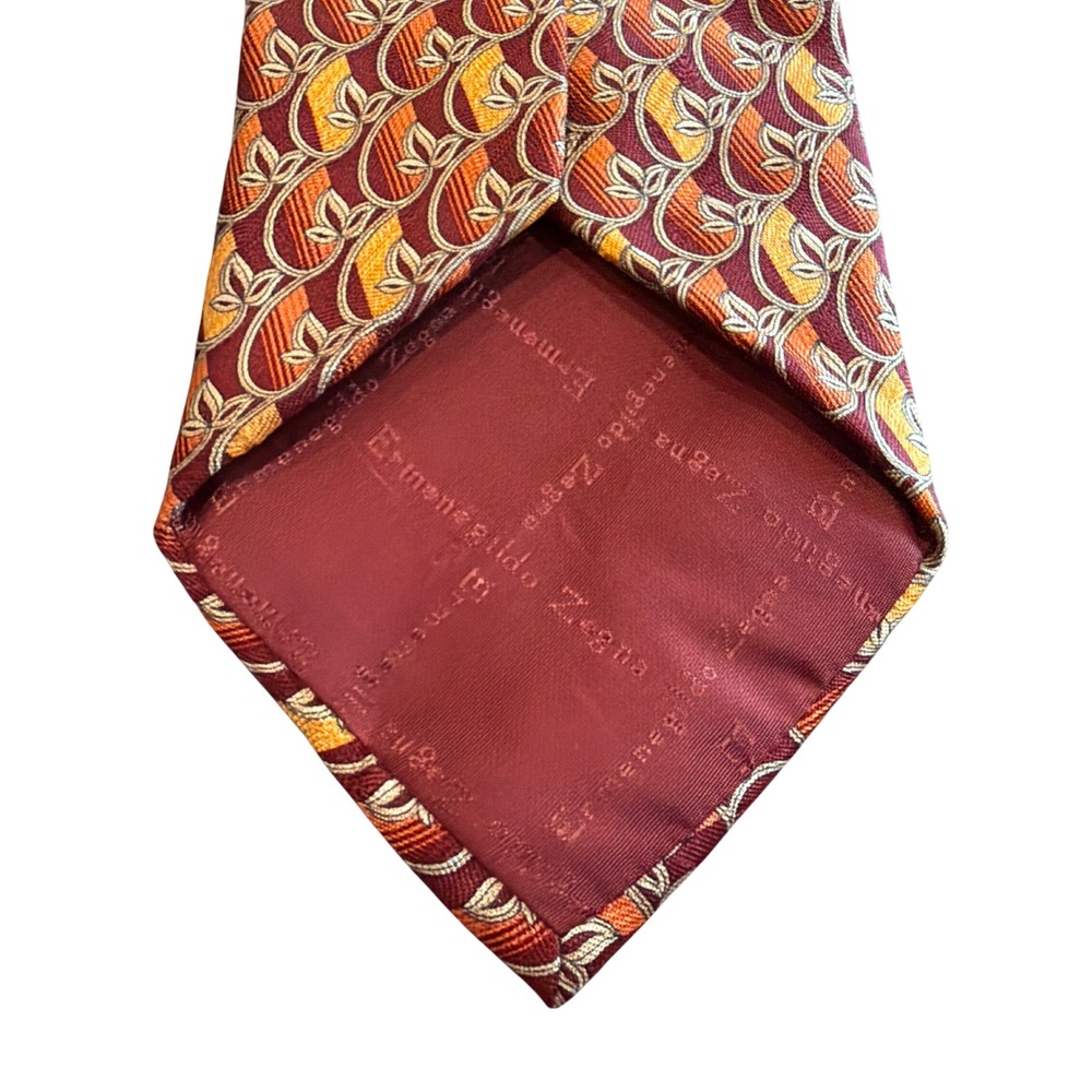 Ermenegildo Zegna Silk Tie Burgundy Orange Geometric Leaf Disegno Esclusivo - Picture 7 of 7